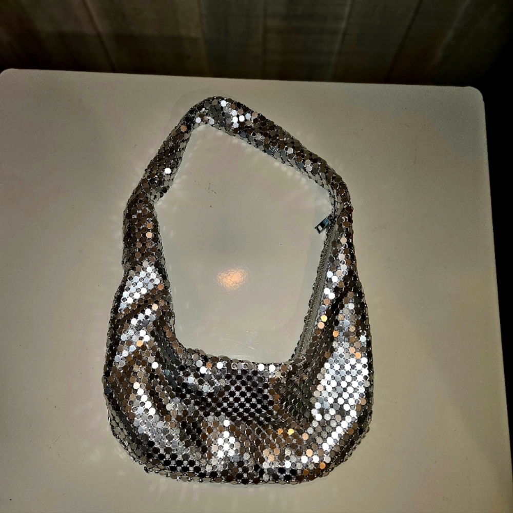 Zara Chain/ Mesh Moon Purse/ Silver